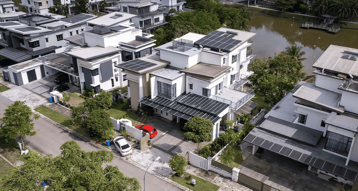 Aerial view of a home with solar panels installed